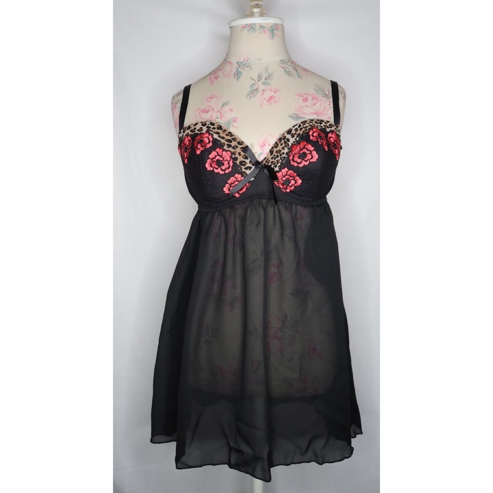 NWT Cacique Y2K Seriously Sexy Floral Leopard Sheer Babydoll 2 Piece Set 14/16
